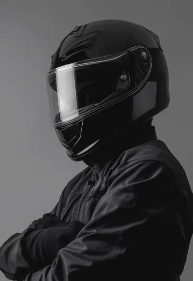 Motociclista com adesivo AR Vital no capacete para atendimento rápido em acidentes